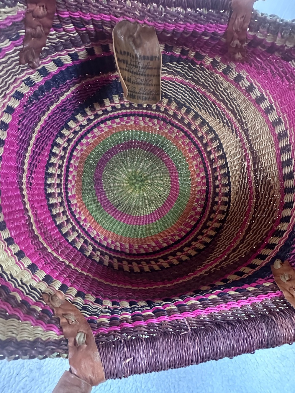 Handwoven Pink, Brown & Natural Straw Tote Basket - Picture 4 of 7